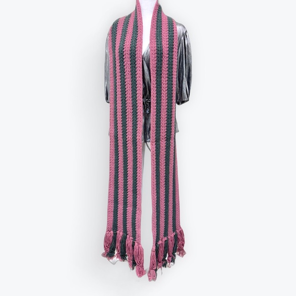 Auth Gucci X Long Thick Knit Pink Green Striped Muffler Stole Scarf - Picture 3 of 16